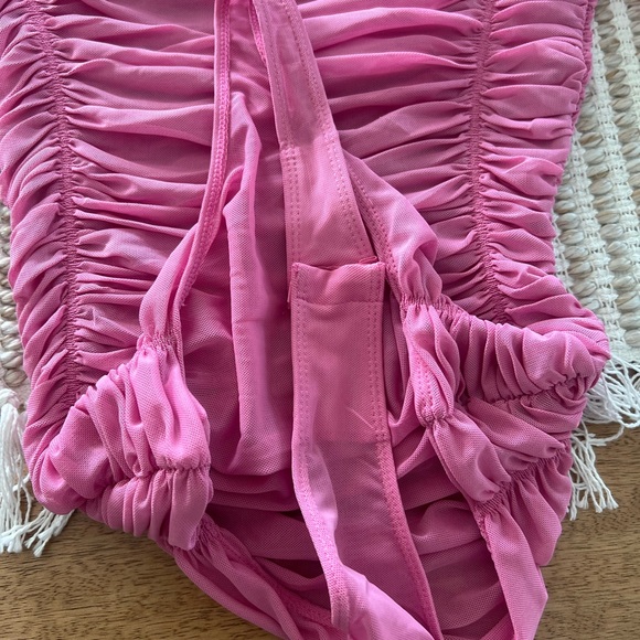 Free People Intimately Pink Ruched Mesh Long Sleeve Bodysuit Small - Picture 7 of 8